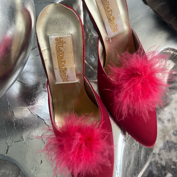 Red and black satin true vintage sexy mules size 8 new and in worn condition 70s - Picture 4 of 16